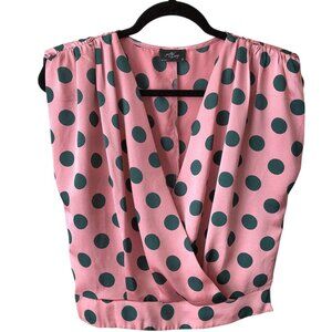 Milk & Honey Pink Green Polka Dots V-neck Pleated Sleeveless Top M